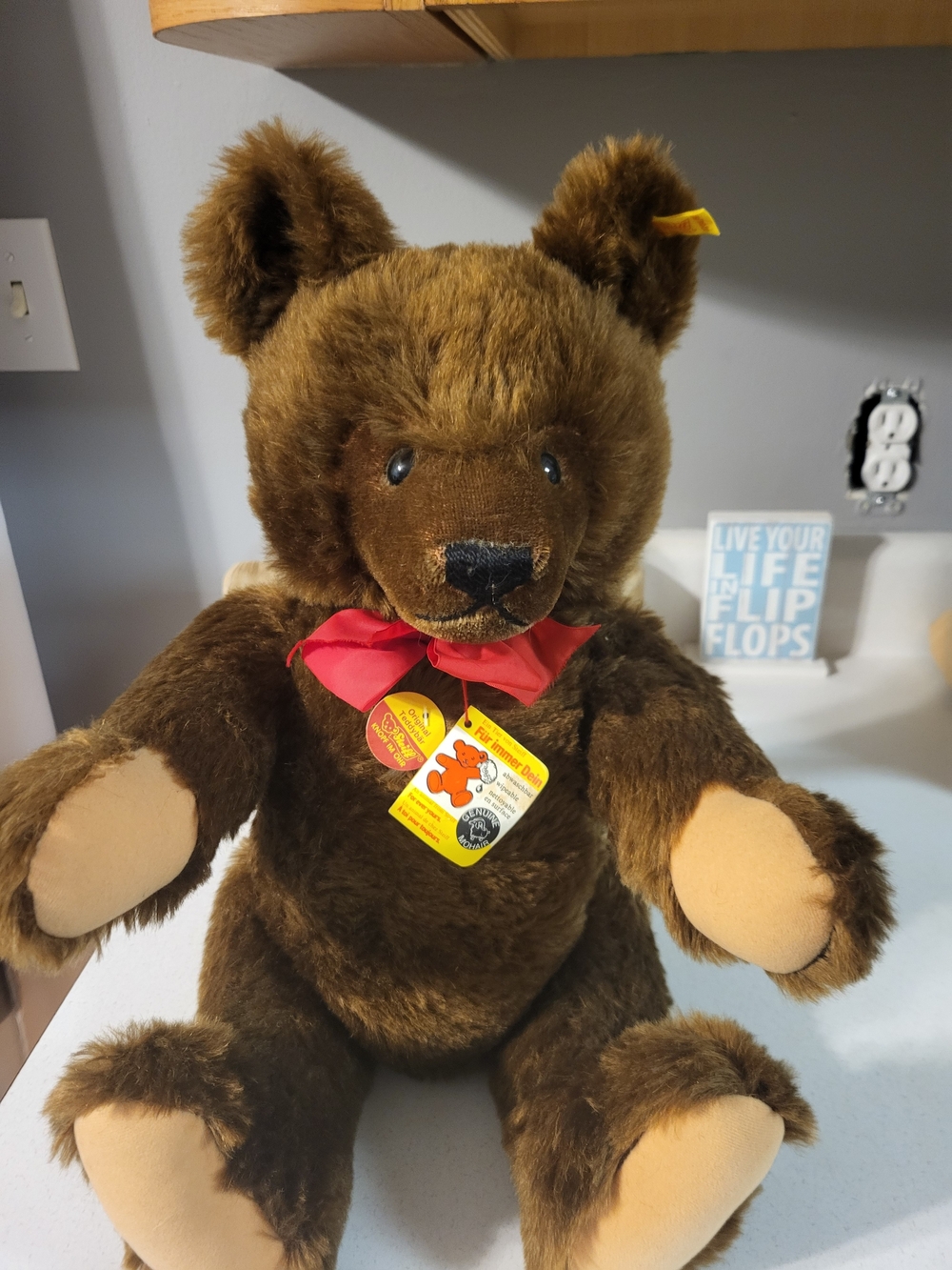 LG VINTAGE STEIFF CHOCOLATE BROWN ORIGINAL TEDDY BEAR, MINT 20cm